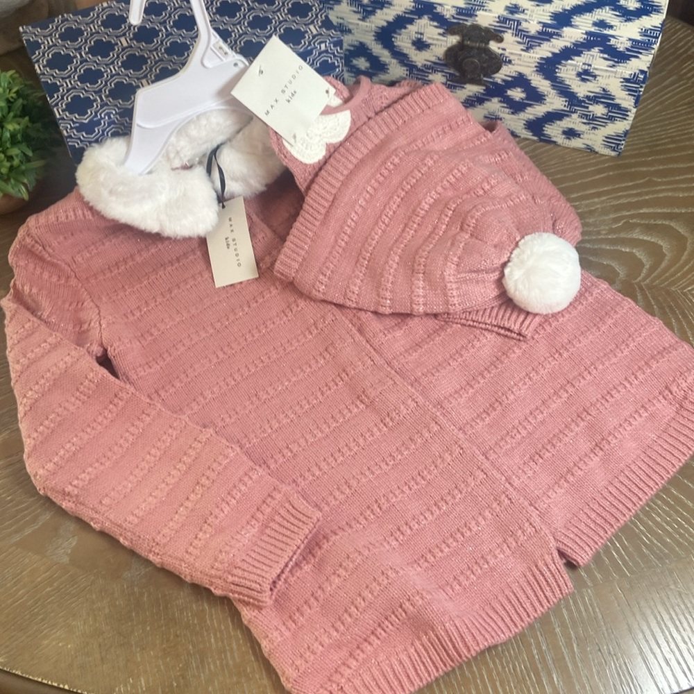 NWT! Winter Pink Faux Fur Collar Sweater Jacket Cardigan & Pom Pom Hat